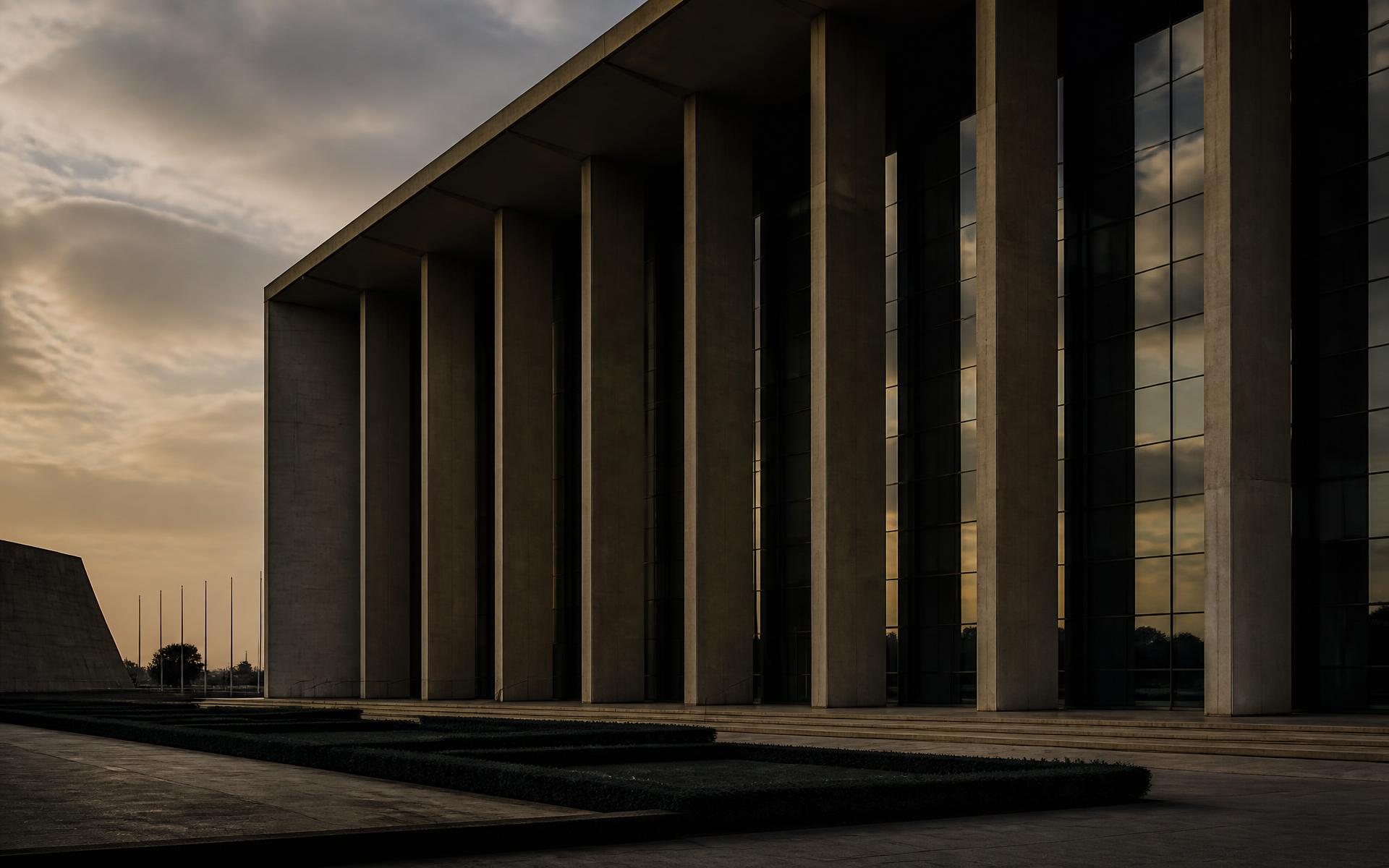 Dusk light across the colonnade of a modernist institutional building in Abuja, Nigeria